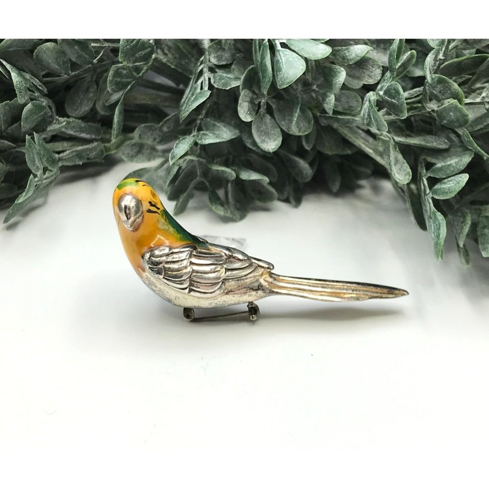 Brooch Silver and enamel Parrot stamped 925